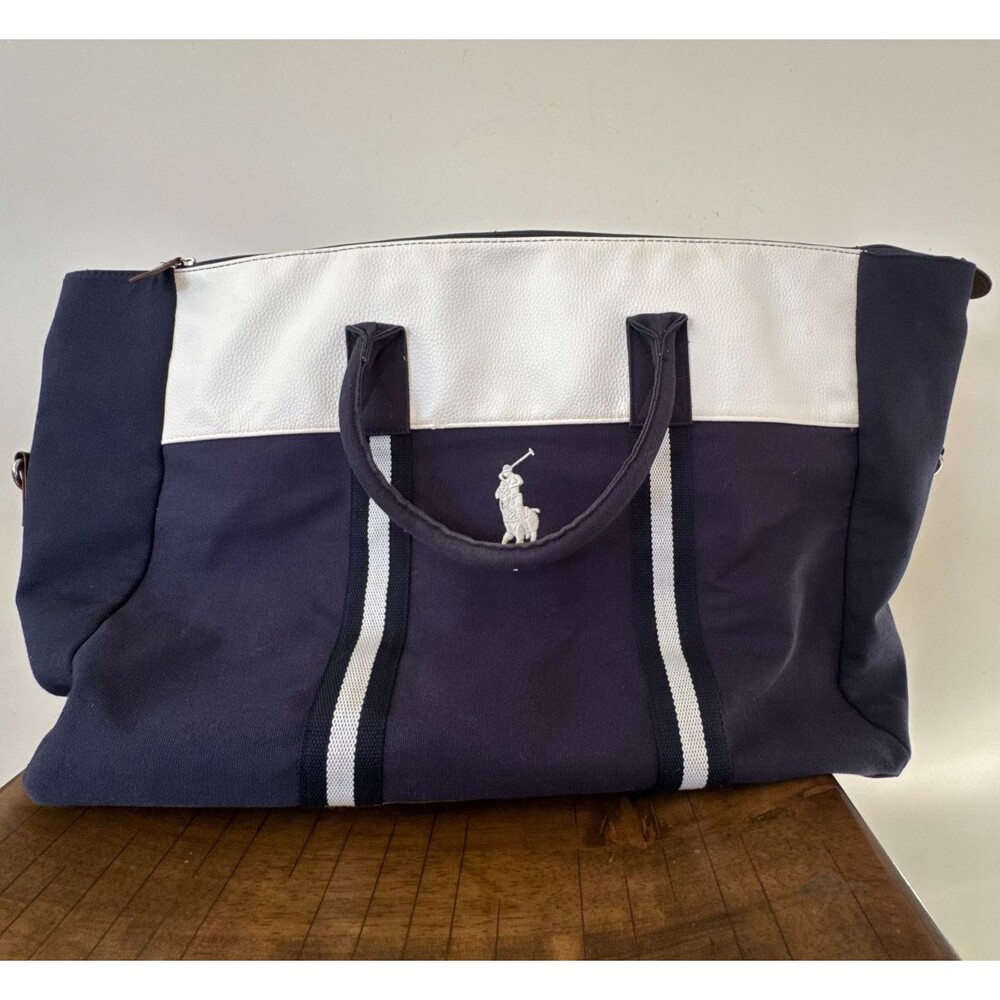 Ralph Lauren Large Tote Bag Navy White Canvas Travel Weekender Carryall